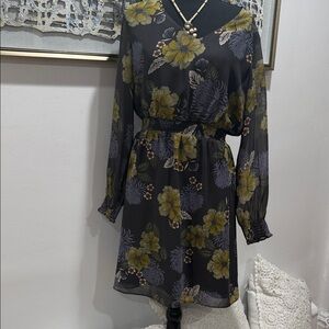 LOFT Black Floral Long Sleeve Dress